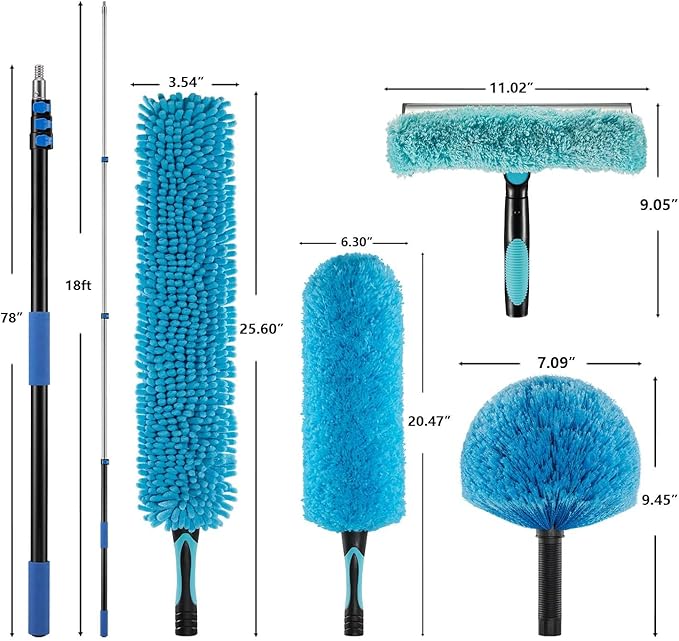 25 Foot Fan Cleaner High Ceiling 2 Cobweb Dusters with Heavy Duty Extension Pole, Window Squeegee Kit, Household Cleaning Gloves(18ft)