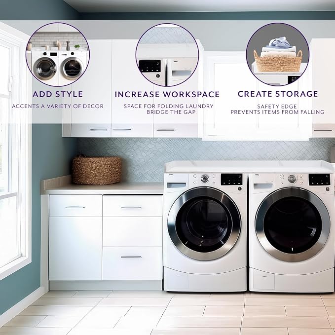 Life Finds 54 inch Washer Dryer Countertop with Safety Ledge for Laundry Room Organization, White Marble Pattern, LF-WDCT1WM