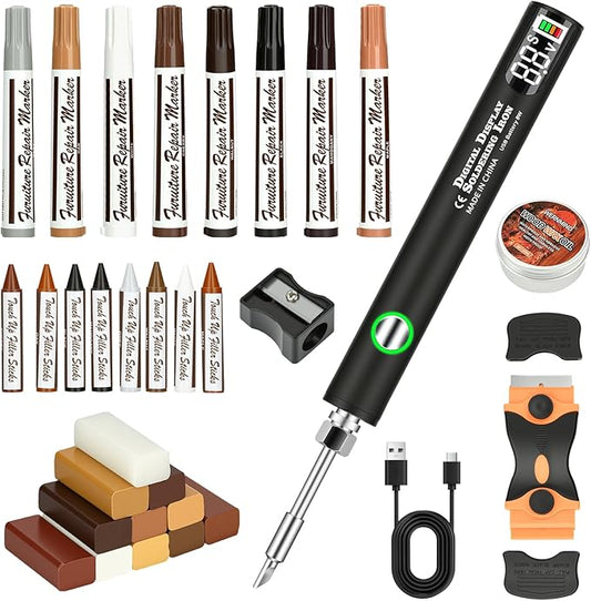 Wood Furniture Repair Kit - Includes Wax Melting Tool with Display, Hard Wax Filler, Marker Pen - Furniture and Countertop Repair Set, Hole for Floor, Table, Door, Cabinet