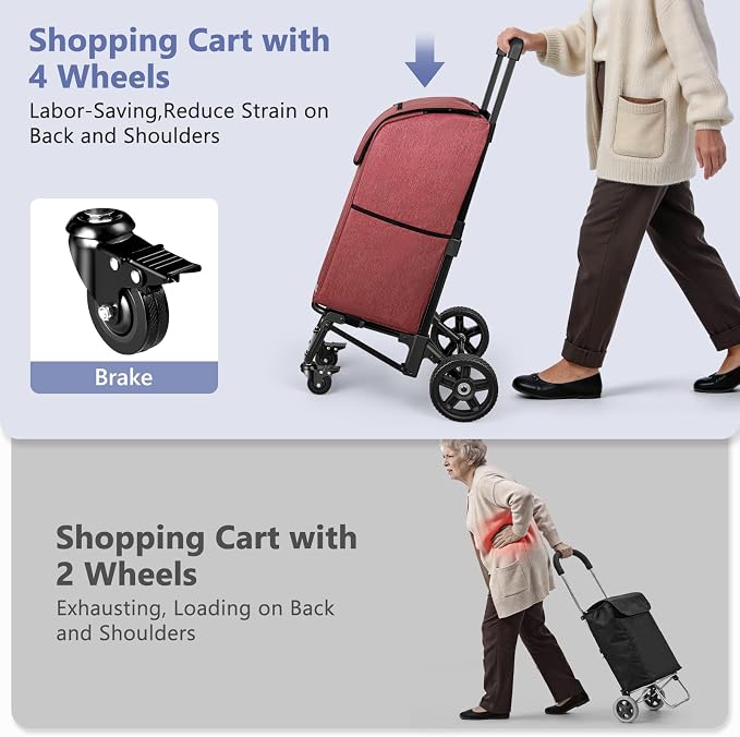 KEDSUM 3 in 1 Shopping Cart with Wheels, 60L/250LBS Multi Use Grocery Cart with 7" Big Wheels & Removable Waterproof Bag, Personal Shopping Carts for Groceries, Telescoping Handle & Thickened Steel