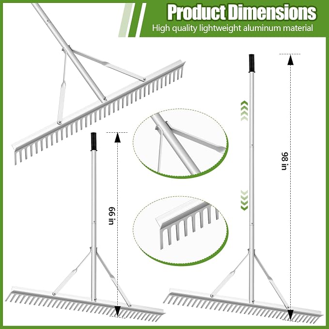 Qinyoung Aluminum Maintenance Rake 36 Inch Baseball Field Garden Landscape Rake with 66''-98'' Adjustable Handle for Yard Lawns Lake Weed Care Gardening Loosening Soil