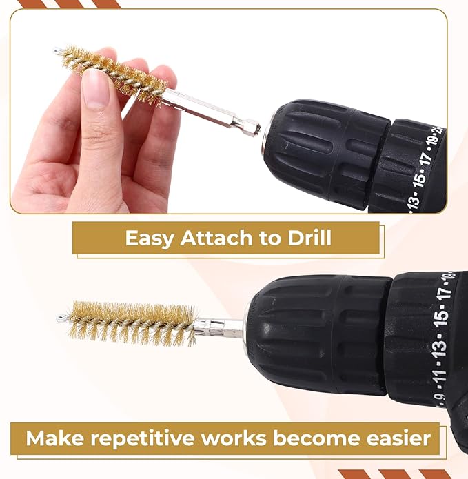 60 Pcs Bore Brush for Drill, Stainless Steel Wire Cleaning Brushes Bulk with 1/4" Hex Shank Copper Pipe Cleaner Drill Attachment for Rust Engine Tube(8/10/12/15/17/19mm)(Brass)