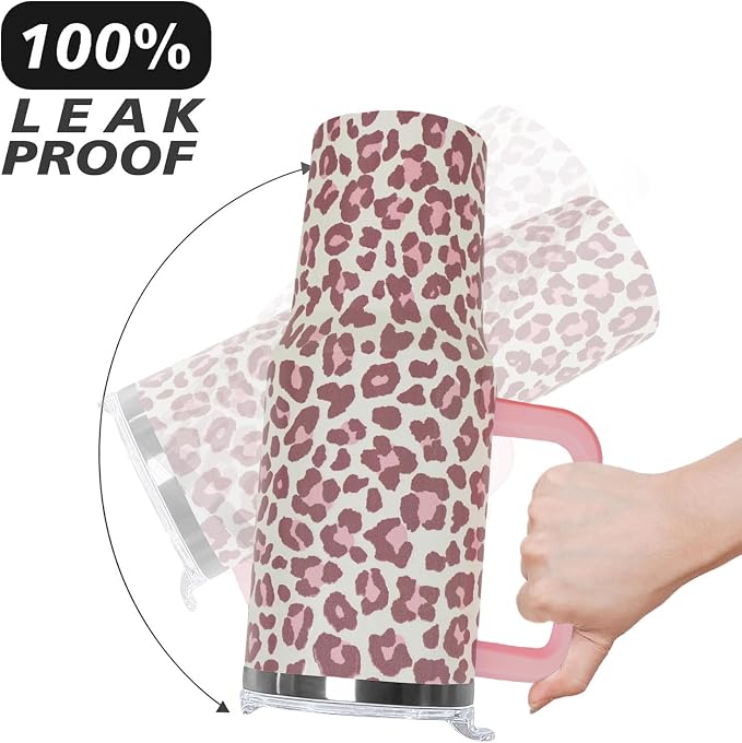 Ceovfoi 40oz Pink Leopard Tumbler with Handle Lid Straw, Insulated Coffee Mug Water Bottle, Leopard Print Decor Gifts for Women