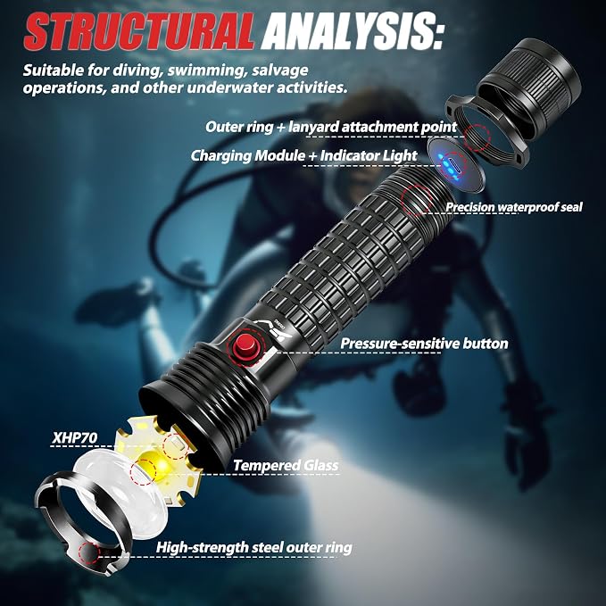 Scuba Dive Light - 5000LM Underwater Flashlight - IPX8 Waterproof 400M Beam, Magnetic Switch 4 Modes SOS, Rechargeable Diving Flashlight for Deep Sea Snorkeling
