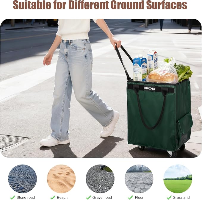 (Medium,Green) Reusable Grocery Bag on 4 Wheels, 70L Foldable Rolling Tote Bag with 3 Handles and Zipper, Rolling Shopping Cart for Groceries, Storage, Laundry, Travel, Organizer, 76lb