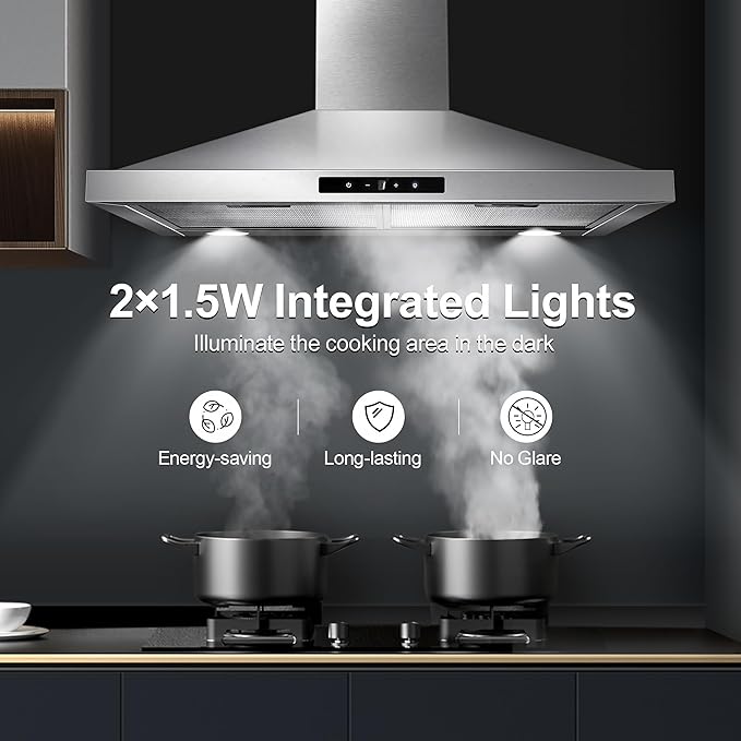Tieasy Range Hood 30 inch Wall Mount, Kitchen Vent Hood 450 CFM in Stainless Steel, Stove Vent Hood with Ducted Convertible Ductless, Touch Switch, LEDs Light, 3-Speed Fan, Aluminum Filters