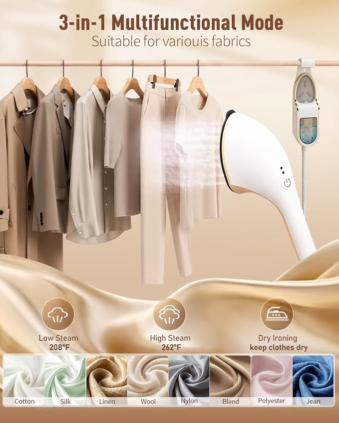 3-in-1 Steamer for Clothes, 1500W Leak-Proof, 330ml | 1500W, 30s Fast Heat-Up. Includes Heat-Resistant Glove & Brush. For Home & Closet Use. 120V.