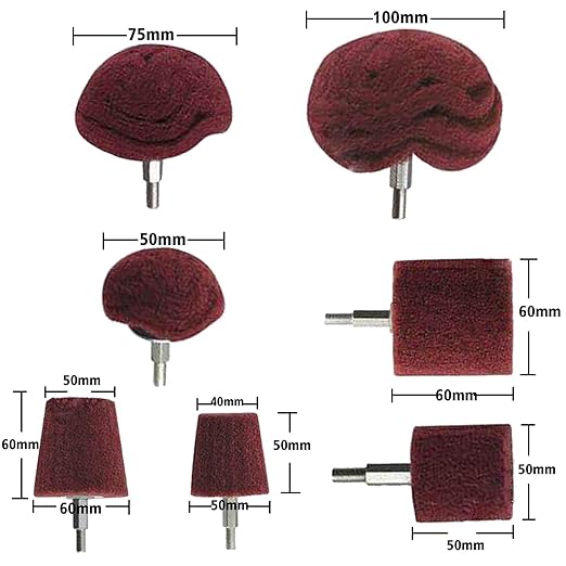 Polishing Brushing Shaped scouring pad Grinding Head - 7 Pcs Red Non Woven Abrasive Drill Buffing Attachment Set with 1/4 Handle for Manifold/Aluminum/Stainless Steel/Chrome etc
