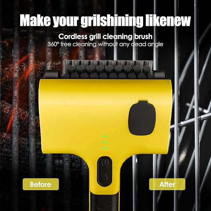 Electric Grill Brush with Liquid Box, Cordless Rechargeable Barbecue Grill Cleaner, 2-Speed, 360° Rotating Cleaning Brush with Replacement Bristles