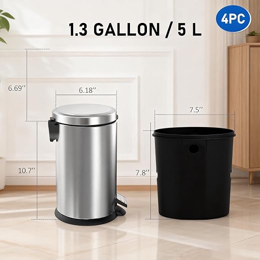 SIMPLYKLEEN Bathroom Trash Can with Lid - 4PC 1.3 Gallon/5L Oval Small Trash Can with Soft-Close Lid, Foot Pedal, Brushed Stainless Steel, Removable Liner, Garbage can for Kitchen, Office, Home Silver
