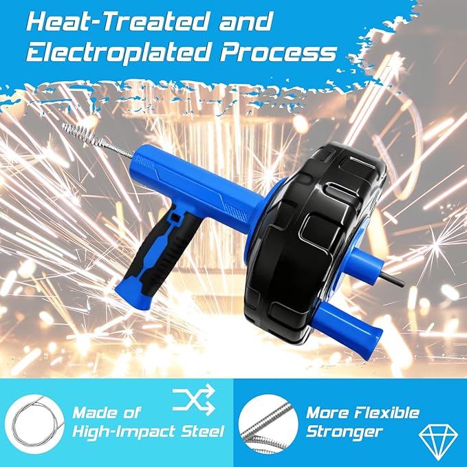 25FT Drain Snake, Auto Feed Retract Flexible Drain Auger for Drain Clogged, Manual or Drill Powered Plumbing Snake Hair Clog Remover for BathTub Sink Shower (Blue)