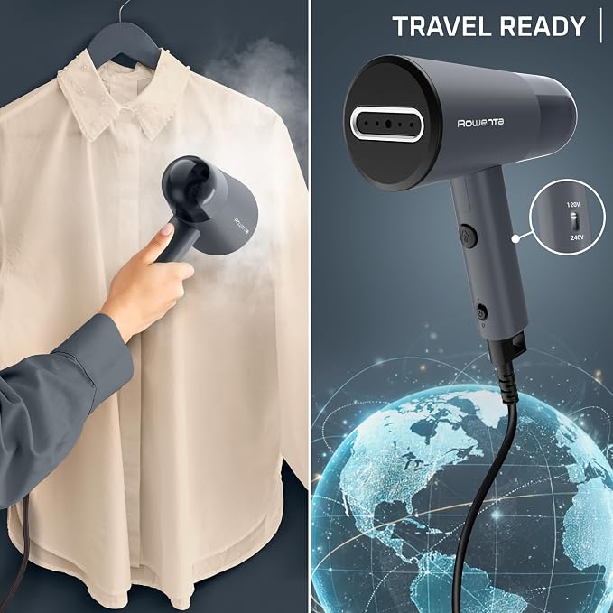 Rowenta Origin Travel Steamer for Clothes, Dual Voltage (120V–240V) Portable Garment Wrinkle Remover, Mini Foldable Handheld Steamer with Easy Storage Case, Black, DR1050