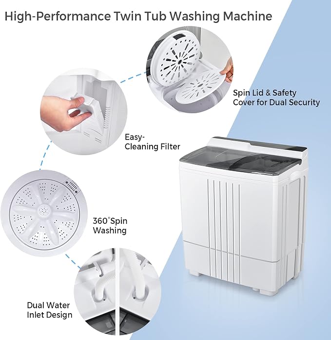 Giantex Portable Washing Machine, 21lbs Capacity, 14.4lbs Washer and 6.6Llbs Spinner, Compact for Apartment RV, White & Gray, GT-GE-10390US-GR-FP