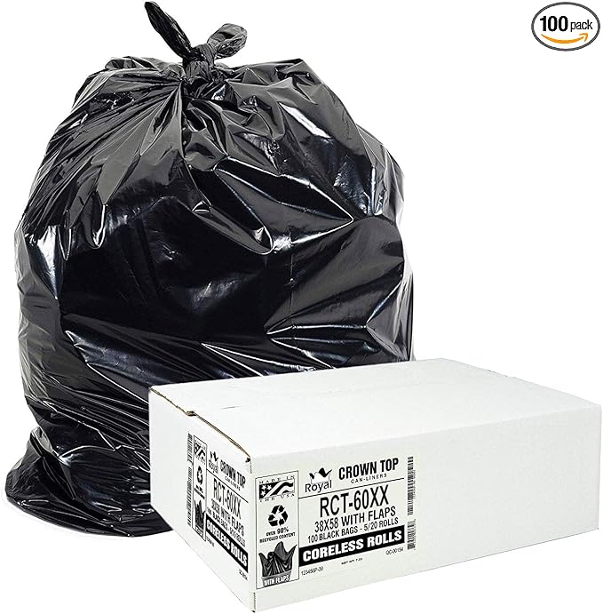 Aluf Plastics RCT-60XX Star Sealed Coreless Rolls with E-Z Tie Flap Closure, 60 gal, Polyethylene, 38" x 58", Black (Pack of 100)