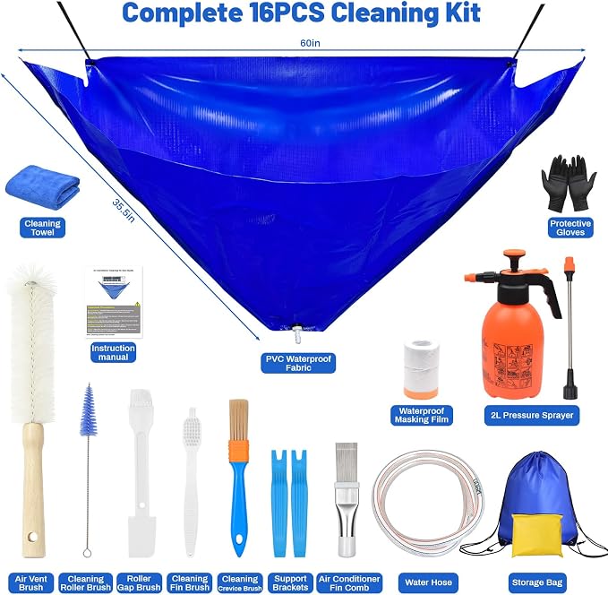 16PCS Mini Split Cleaning Kit - with 2L Pressure Sprayer, Water-Resistant PVC Bag, Brush Set and Extra Fin Comb, Wall Mounted Air Conditioner Tools - for Home DIY Maintenance