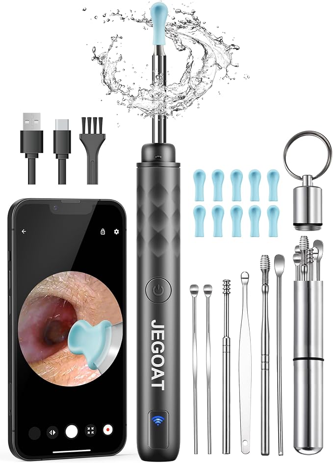 Jegoat Ear Wax Removal, Ear Wax Removal Tool Camera with 1296P HD Camera and 6 LED Lights, Ear Cleaner with 10 Ear Pick, Upgraded Ear Wax Removal Kit for iOS and Android, Glossy Black