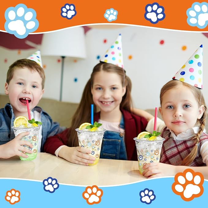 Uiifan 50 Pcs Blue Dog Paw Plastic Cups Paw Print Birthday Party Supplies 12 oz Disposable Plastic Puppy Cups Cartoon Blue Orange Party Decorations for Patter Hot Cold Drinking Ice Coffee