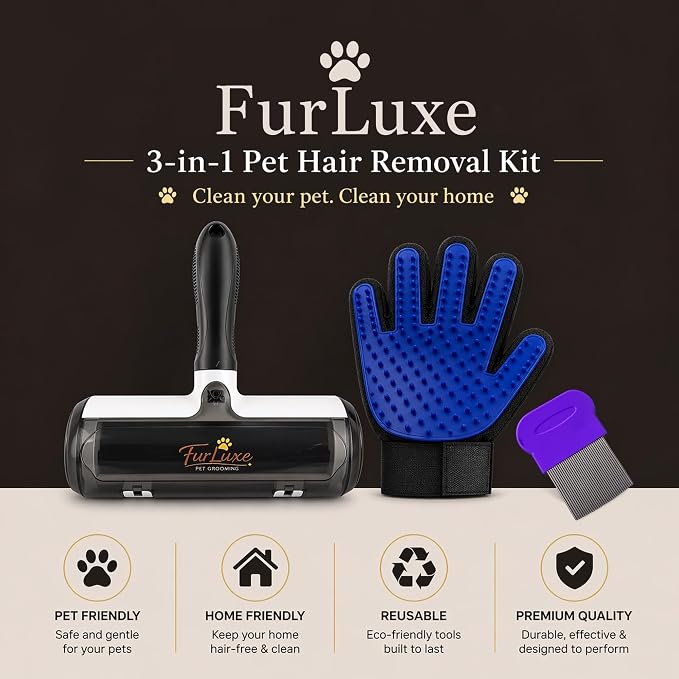 3-in-1 Pet Hair Remover Kit – Reusable Lint Roller, Deshedding Brush & Grooming Glove for Dogs & Cats – Removes Fur from Furniture, Carpet & Clothes