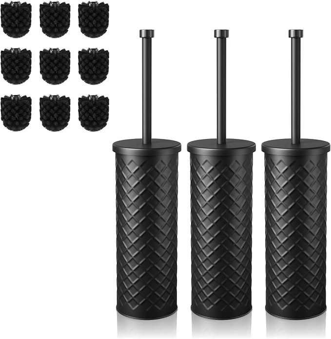 Toilet Bowl Brush and Holder Set 3 Pack with 6 Extra Brush Heads | Extra Long Handle with Splash Guard Cover, Tool-Free Installation, Bathroom Space-Saving, Cleaner Sets for Apartments, RV (Black)