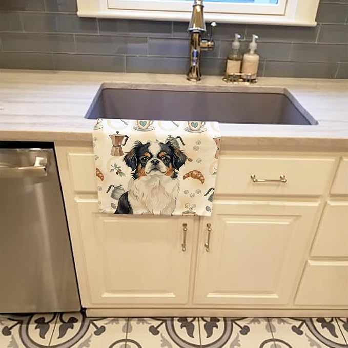 Caroline's Treasures Tricolor Japanese Chin Coffee Bar Kitchen Towel Velour Plush Front and Cotton Loop Back Machine Washable