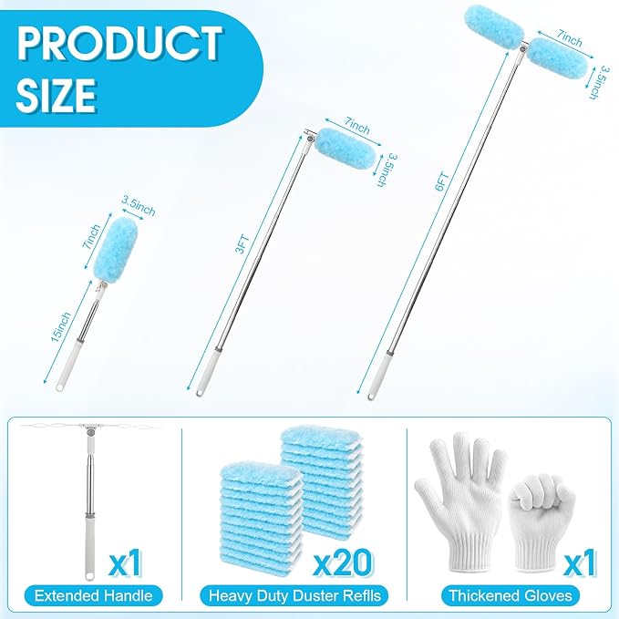 6 ft Extendable Duster Handle with 40 Refills and 1 Pair of Gloves Compatible with Swiffer Duster 360° Heavy Duty Microfiber Dusters Kit for Cleaning High Ceilings and Fans, Vents(Blue)