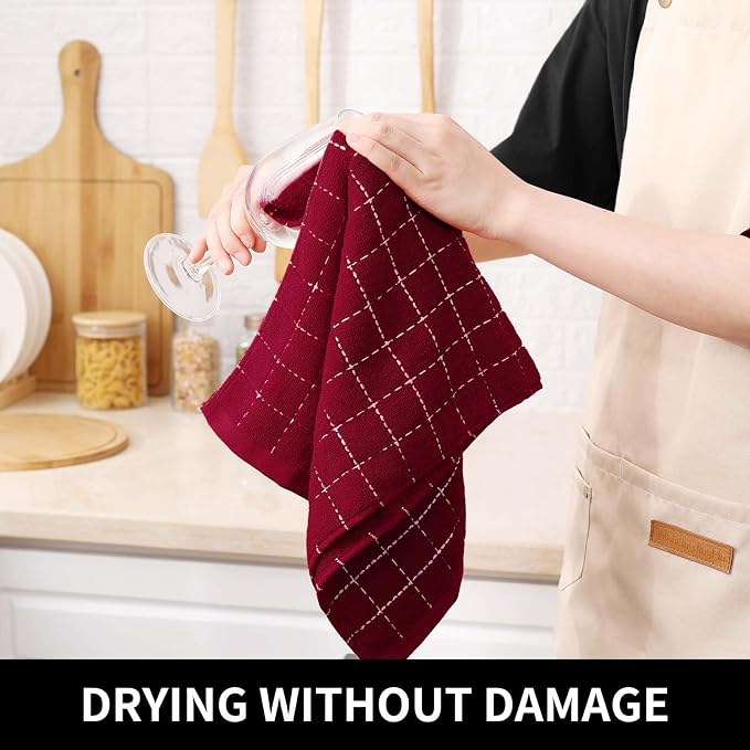 Homaxy Kitchen Towels and Dishcloths Set, 12 x 12 and 13 x 28 Inches, Set of 10 Bulk Cotton Terry Kitchen Towels Set, Checkered Designed, Soft and Super Absorbent Dish Towels, Brick Red