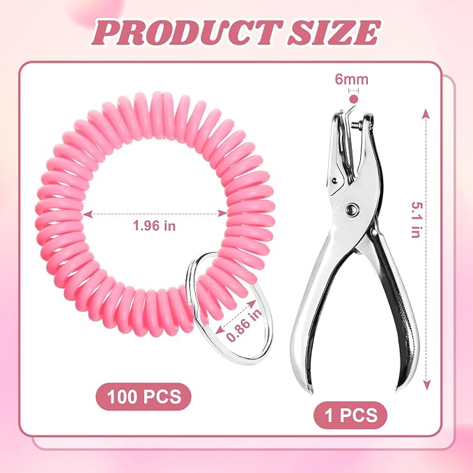100 Pcs Pink Stretchable Wristband for Shot Cups Wrist Coil Keychain with Hole Puncher Plastic Wristlet Keychain Kit for Shot Tasting Glasses Sports Game Party Supplies