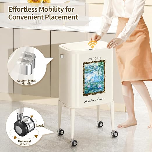 MRBIN Metal Motion Sensor Kitchen Trash Can with Wheel Legs, Medium Press Lid Slim Waste Basket, 36L / 9.5gal Pet Proof Tall Narrow Garbage Pail for Vanity, Living Room, Bathroom, Bedroom, Water Lily