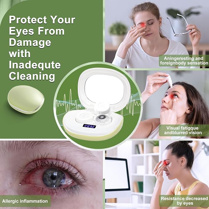Contact Lens Cleaner, Portable Ultrasonic Contact Lens Cleaning Machine with USB Charger, LED Timer Display & 5 Contacts Solution Cases Kit for Soft Hard Colored RGP Lenses (Avocado Green)