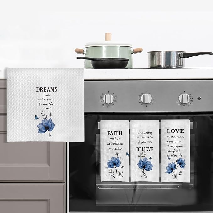 Inspirational Floral Kitchen Towels, Dreams Faith Believe Love Blue Floral Hand Towels for Bathroom, Inspirational Motivational Gifts Dish Tea Towels for Kitchen Decor, 16x24 Inch Set of 4