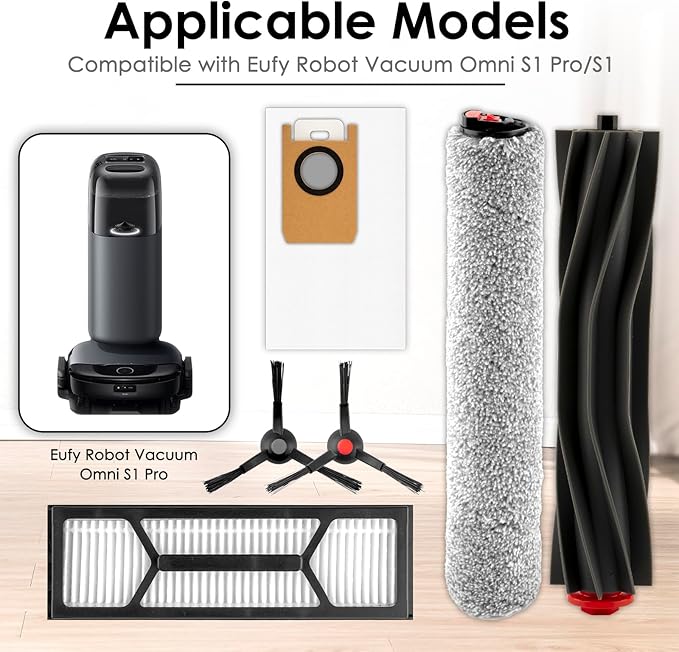 (28 Pack) Omni S1 Pro Replacement Parts Accessories Kit Compatible With Eufy Omni S1 Pro Robot Vacuum, 2 Rubber Roller Brush, 2 Roller Mop, 8 Side Brushes, 8 Dust Bags, 8 HEPA Filters
