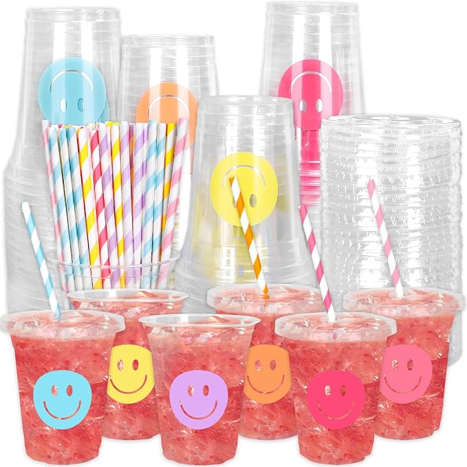 Whaline 60 Pcs Smile Face Disposable Plastic Cups with Lids and Straws 12 oz Pastel Preppy Smile Pattern Cold Beverage Drinking Cup for First Birthday Baby Shower Wedding