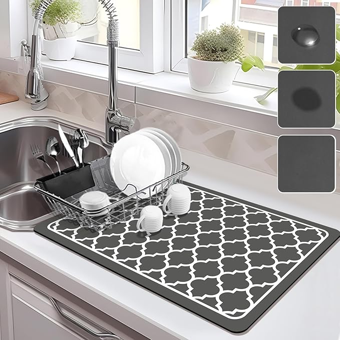 Drying Mat for Kitchen Countertops, Coffee Mat Hide Stain Rubber Backed Absorbent Dish Drying Mat