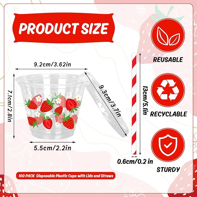 Whaline 100Pcs 9Oz Strawberry Disposable Plastic Cups with Lids and Straws Cute Sweet Berry Flower Cold Beverage Drinking Cups for Sweet One First Birthday Baby Shower Party Supplies