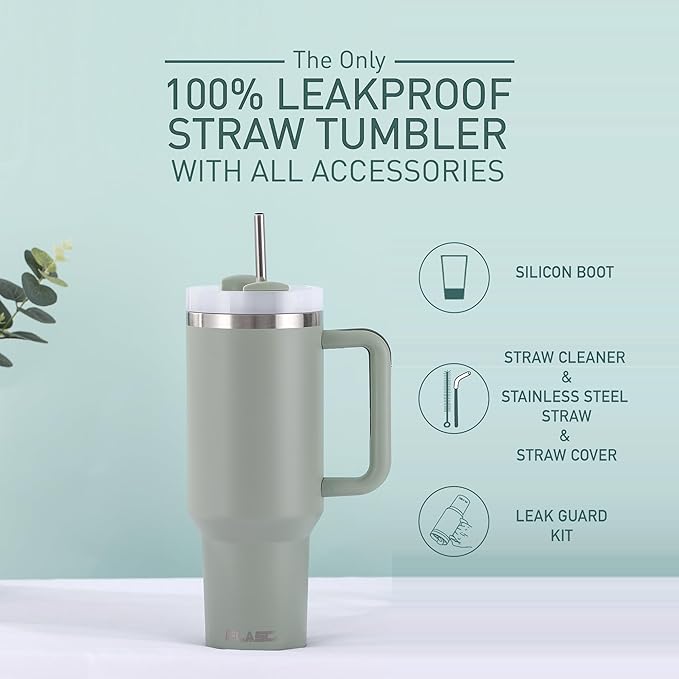 FLASC 40 oz Tumbler With Handle and Straw | 100% Leakproof Insulated Tumbler With Lid and Straw | Includes ALL Accessories: Stainless Steel Straw, Silicon Boot, Straw Cover & Cleaner (Bayleaf)