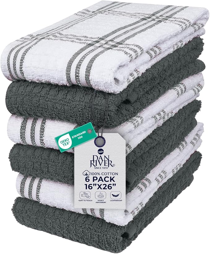 DAN RIVER Premium Grey Kitchen Towels - [Pack of 6] 100% Cotton (16x 26 Inches) -Super Soft, Highly Absorbent Hand Towels, Quick Dry, Dish Towels, Tea and Bar Towels Set