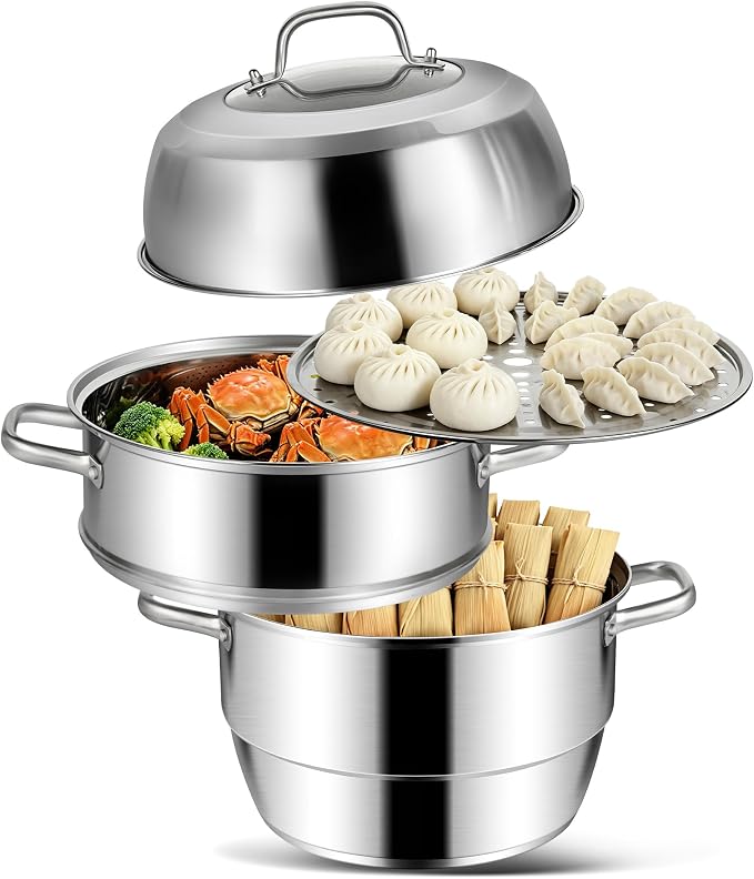 VENTION 3 Tier Induction Steamer Pot for Cooking, 13.4 Inch(34cm), 14.7 Qt | Stainless Steel Steamer for Cooking Tamales, Large Steam Pot for Dumplings and Vegetables