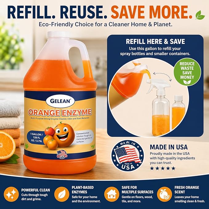 Multi-Purpose Probiotic Enzyme Cleaner, (128 oz, orange) - Pet Stain and Odor Remover - Concentrated - Professional & Home Strength Drains, Floors, Bathrooms, Toilets Trash Can, Made in USA