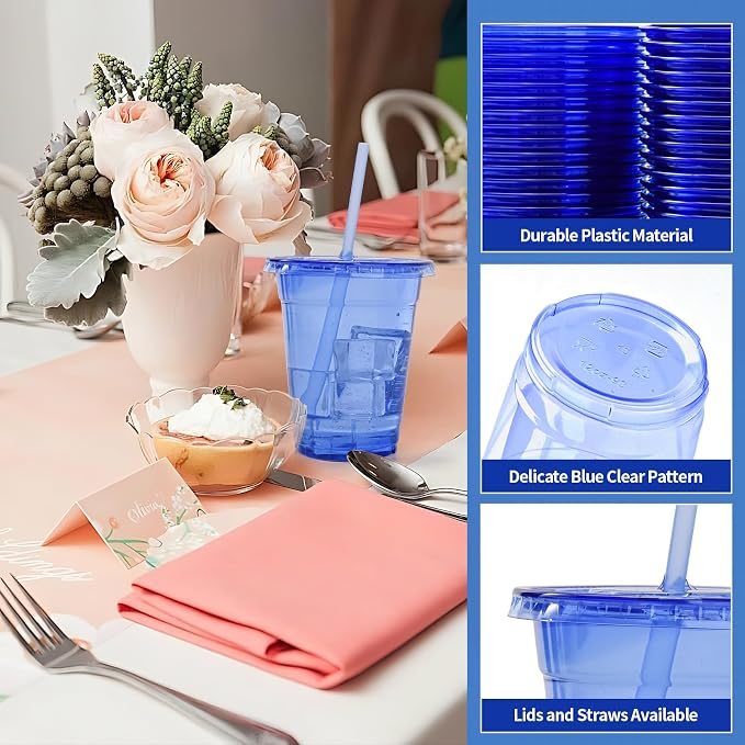100 Set Blue Plastic Cups with Lids and Straws 12 oz Disposable Drinking Clear Cups for Wedding Blue Birthday Party Supplies