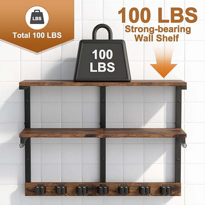 Housolution 2 Tier Broom Holder Wall Mount with Cleaning Supplies Organizer, 100 LBS High Load-Bearing Laundry Room Storage Shelves, Multifunctional Mop Hanger Rack with 7 Grippers & 8 Hooks