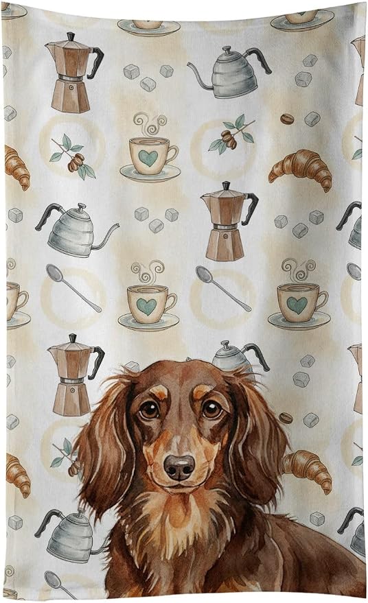 Caroline's Treasures Longhaired Chocolate and Tan Dachshund Coffee Bar Kitchen Towel Velour Plush Front and Cotton Loop Back Machine Washable