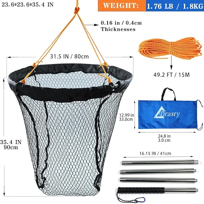 Drasry Large Collapsible Bridge Pier Fishing Net Landing Net with Rod, High Load Aluminum Ring Drop Net for Saltwater and Freshwater Pier Fishing Basket with 49.2 ft. Rope