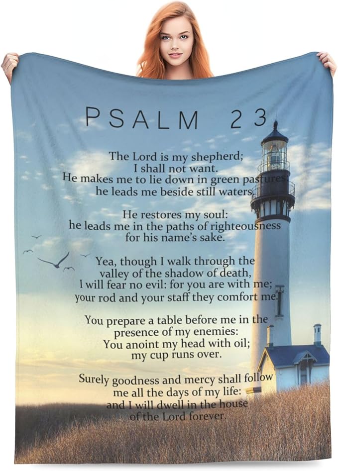 Psalm 23 Blanket Christian Lighthouse Gifts Religious Bible Verse Scripture Throw Blanket Comfy Plush Flannel Fleece Warm Soft Fluffy Fuzzy Blanket for Prayer Women Teens for Bed Sofa Couch 50"X60"