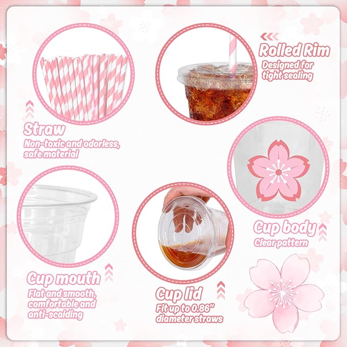 Whaline 50Pcs 12Oz Pink Cherry Blossom Disposable Plastic Cups with Lids and Straws Cute Sakura Cold Beverage Drinking Cups for Spring Wedding Birthday Party Supplies