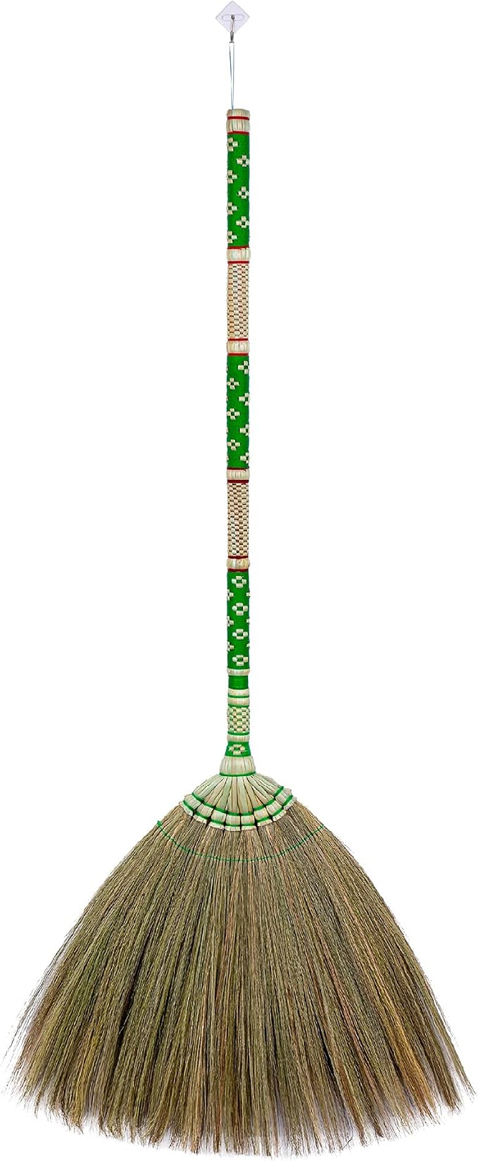 Asian Broom Grass Bamboo Stick with Full Embroidery Woven Nylon Thread Handle (Thai Pattern 2, Green)