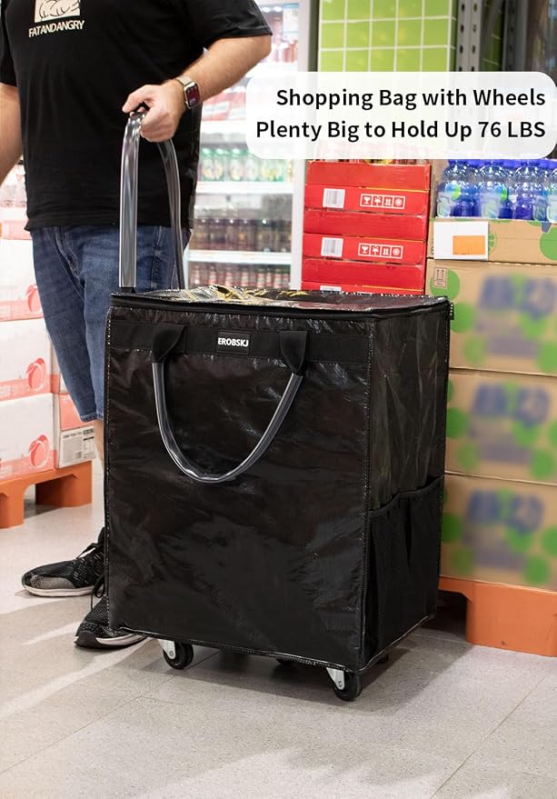 (Medium,Black) Reusable Grocery Bag on Wheels, 70L Foldable Rolling Tote,Shopping Trolley, Zipper Clouser Shopping Carts for Groceries, Laundry, Camping, Moving, 4 Heavy Duty Wheels