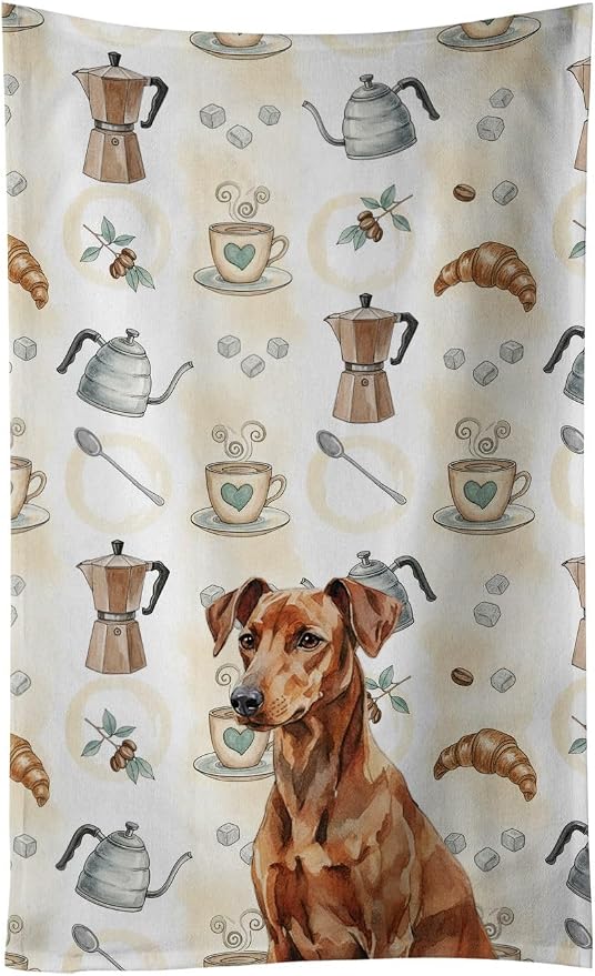 Caroline's Treasures Red German Pinscher Coffee Bar Kitchen Towel Velour Plush Front and Cotton Loop Back Machine Washable
