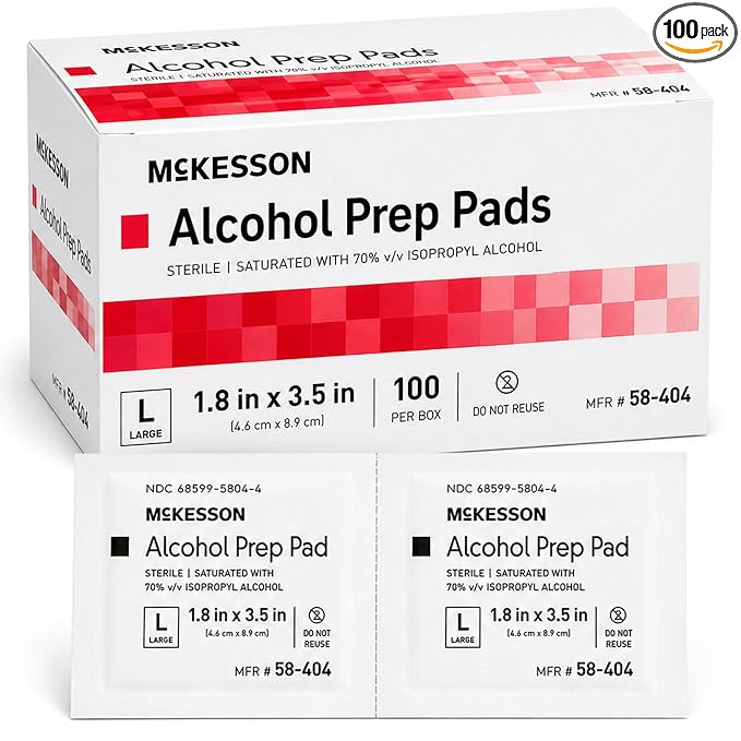McKesson Alcohol Prep Pads, (100 Count) - Sterile, Individually Wrapped Wipes, 70% Isopropyl Alcohol, Large Size, 2-Ply, Medical Grade, First Aid, 1 Box