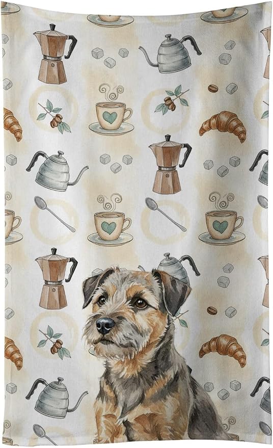Caroline's Treasures Grizzle and Tan Border Terrier Coffee Bar Kitchen Towel Velour Plush Front and Cotton Loop Back Machine Washable