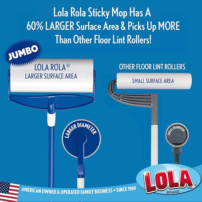 LOLA Rola PET Hair Remover Sticky Mop, Giant Floor Lint Roller, 9" x 3.5", Extender Handle, Largest Head, Traps Hair, Dust, Dirt, Extra Sticky Sheets